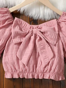 Chicas Blusa de manga farol con lazo grande delantero ribete fruncido - Rosa - Ver 3