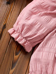 Chicas Blusa de manga farol con lazo grande delantero ribete fruncido - Rosa - Ver 5