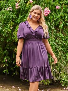 SHEIN Clasi Vestido ribete con fruncido de manga farol bajo con fruncido