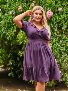 SHEIN Clasi Vestido ribete con fruncido de manga farol bajo con fruncido