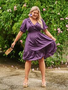 SHEIN Clasi Vestido ribete con fruncido de manga farol bajo con fruncido