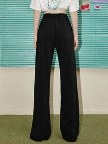 Pantalones rectos con estampado de letra de cintura con cordón - Negro - Ver 2