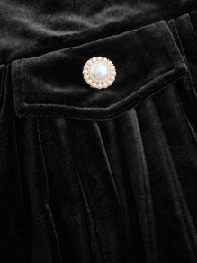 SHEIN MOD Button Detail Pleated Hem Velvet Skirt - Black - View 4