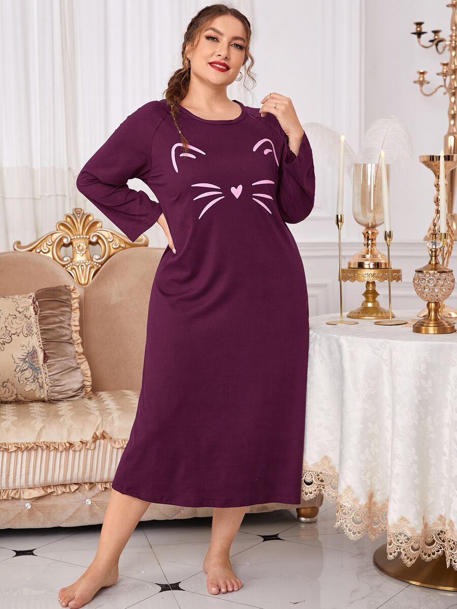 大碼卡通圖案睡裙 - 紫紅色 - 查看 1