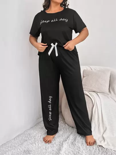Plus Slogan Graphic Bow Front Tee & Trousers