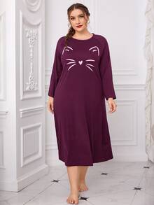 大碼卡通圖案睡裙 - 紫紅色 - 查看 3