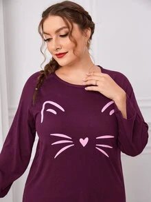 大碼卡通圖案睡裙 - 紫紅色 - 查看 4