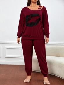 Conjunto de pijama con estampado de labio de cuello asimétrico - Burdeos - Ver 1