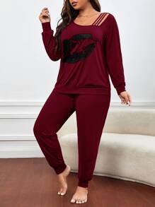 Conjunto de pijama con estampado de labio de cuello asimétrico - Burdeos - Ver 3