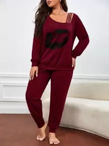 Conjunto de pijama con estampado de labio de cuello asimétrico - Burdeos - Ver 5