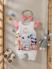 嬰兒卡通圖案荷葉邊連身短褲帶配件髮箍 - 彩色 - 查看 1