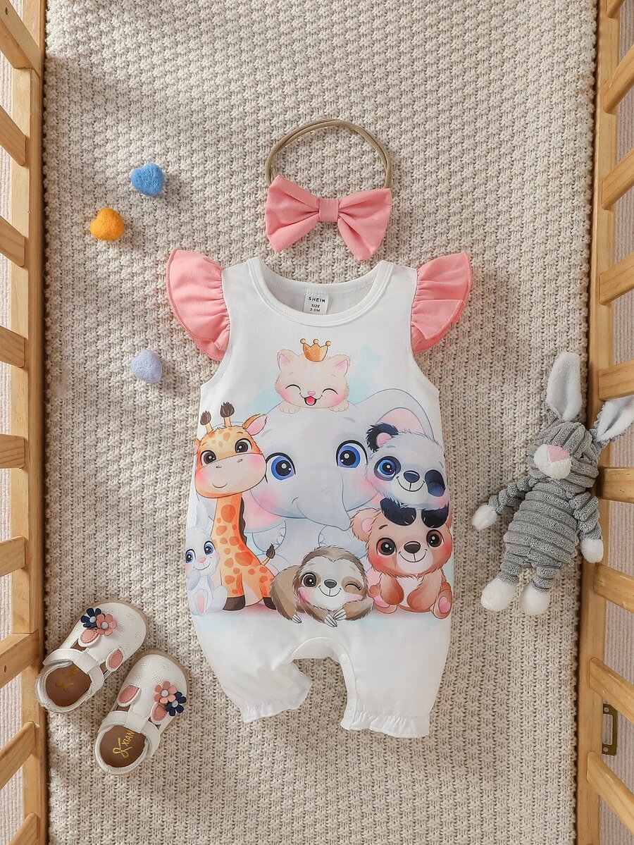 嬰兒卡通圖案荷葉邊連身短褲帶配件髮箍 - 彩色 - 查看 1