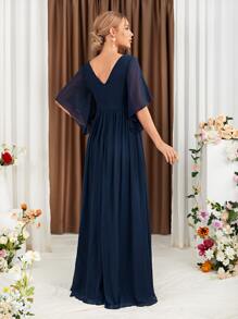 蝴蝶袖四分之一無紐扣開襟高衩雪紡伴娘連衣裙 - 藏蓝色 - 查看 3