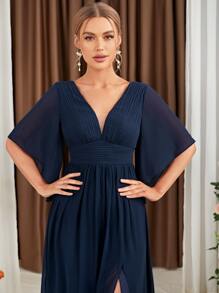 蝴蝶袖四分之一無紐扣開襟高衩雪紡伴娘連衣裙 - 藏蓝色 - 查看 5