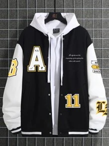 Manfinity Campus Court 1件男式寬鬆口袋帶字母圖案彩色撞色下挑肩大學服夾克 - 黑色 - 查看 1