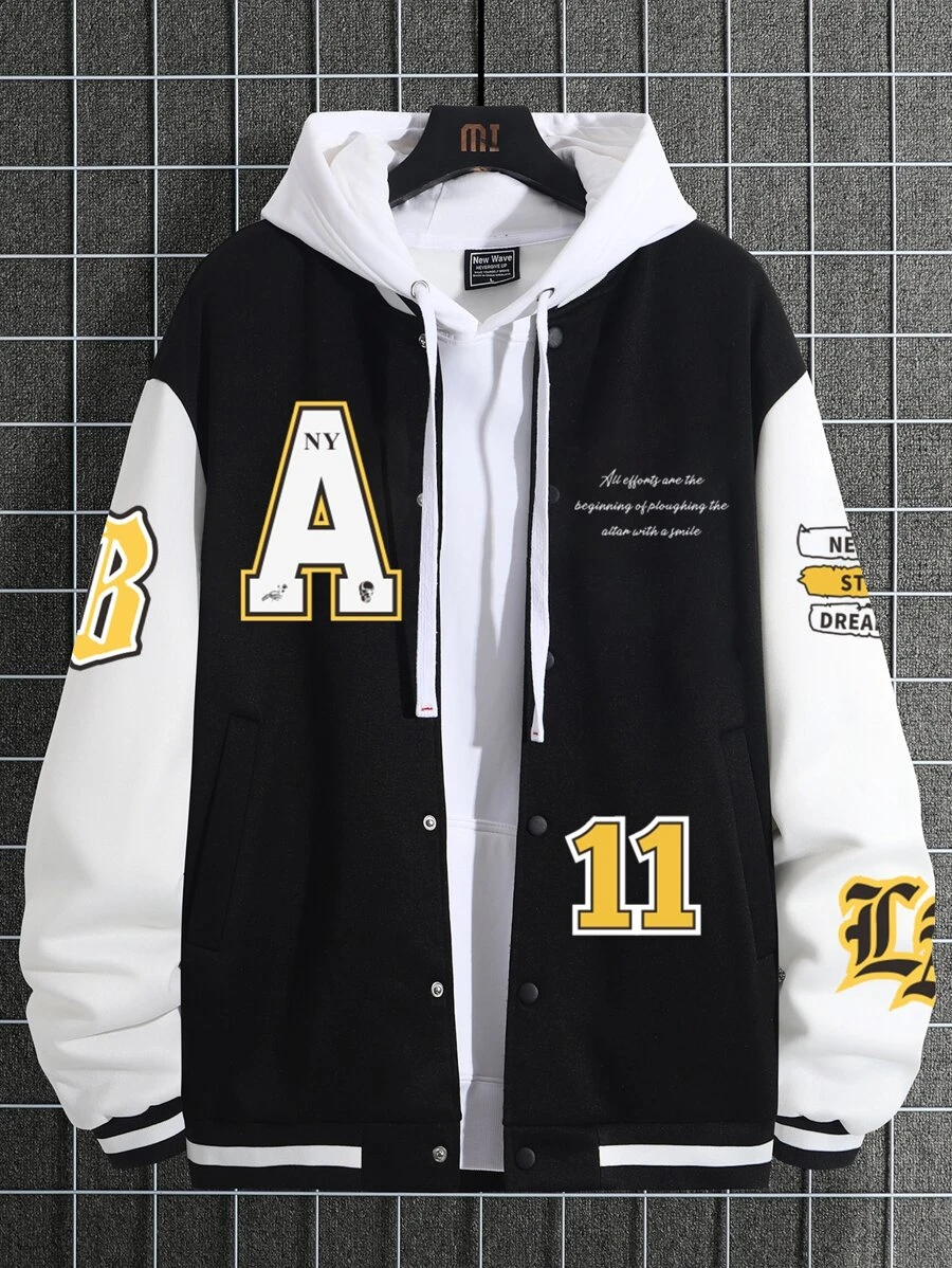 Manfinity Campus Court 1件男式寬鬆口袋帶字母圖案彩色撞色下挑肩大學服夾克 - 黑色 - 查看 1