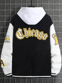 Manfinity Campus Court 1件男式寬鬆口袋帶字母圖案彩色撞色下挑肩大學服夾克 - 黑色 - 查看 2