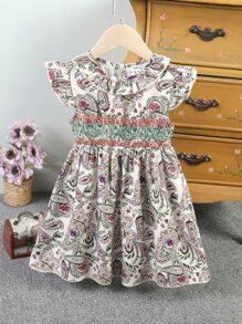 小女童佩斯利印花腰部打褶荷葉邊洋裝