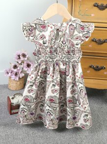 小女童佩斯利印花腰部打褶荷葉邊洋裝