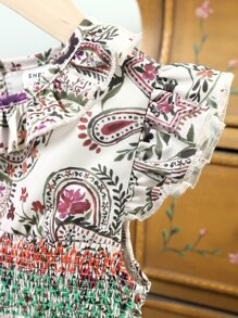 小女童佩斯利印花腰部打褶荷葉邊洋裝