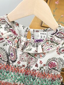 小女童佩斯利印花腰部打褶荷葉邊洋裝