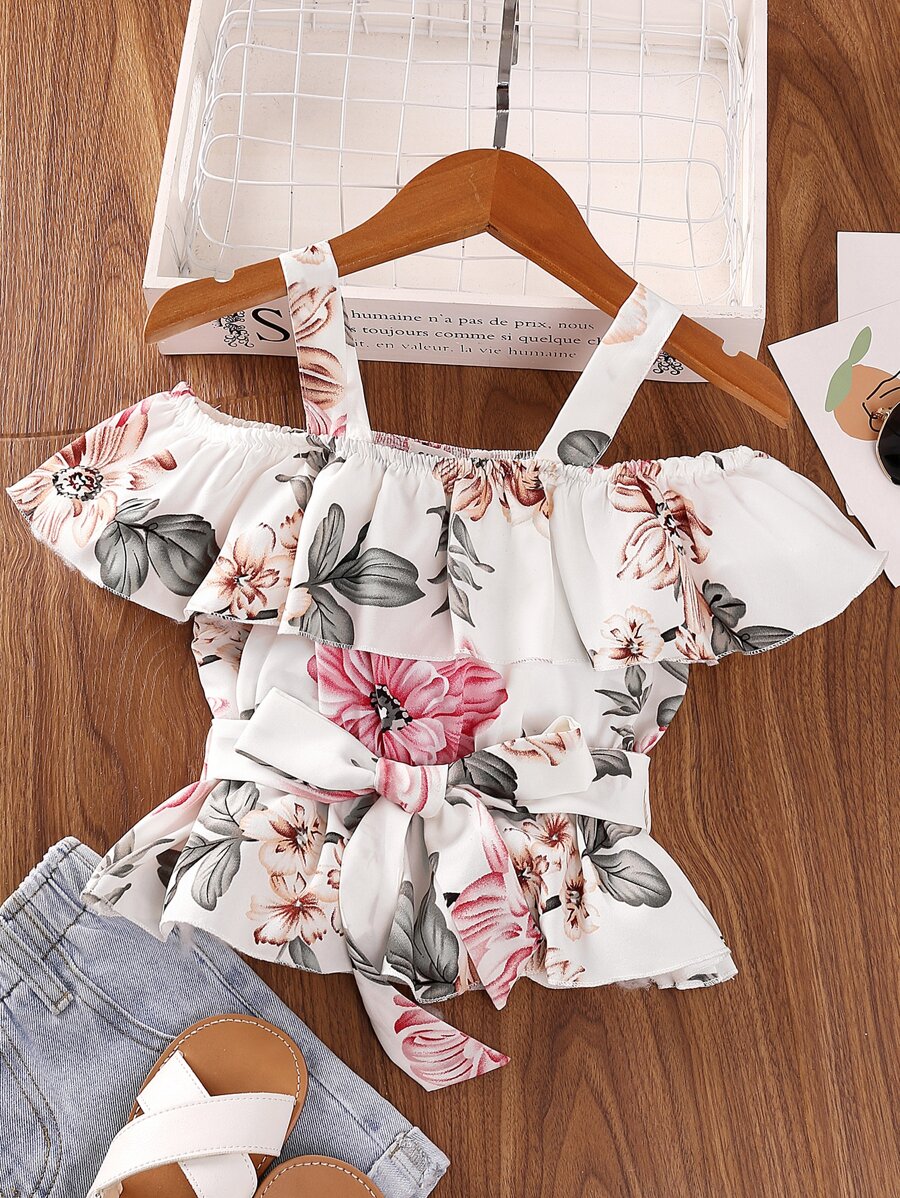 Chicas Blusa con estampado floral de hombros descubiertos ribete con fruncido con cinturón - Blanco - Ver 1