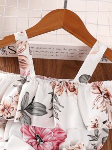 Chicas Blusa con estampado floral de hombros descubiertos ribete con fruncido con cinturón - Blanco - Ver 3