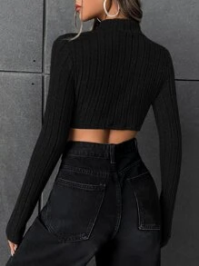 SHEIN EZwear Mock Neck Ribbed Knit Crop Tee - Black - View 2