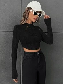 SHEIN EZwear Mock Neck Ribbed Knit Crop Tee - Black - View 3