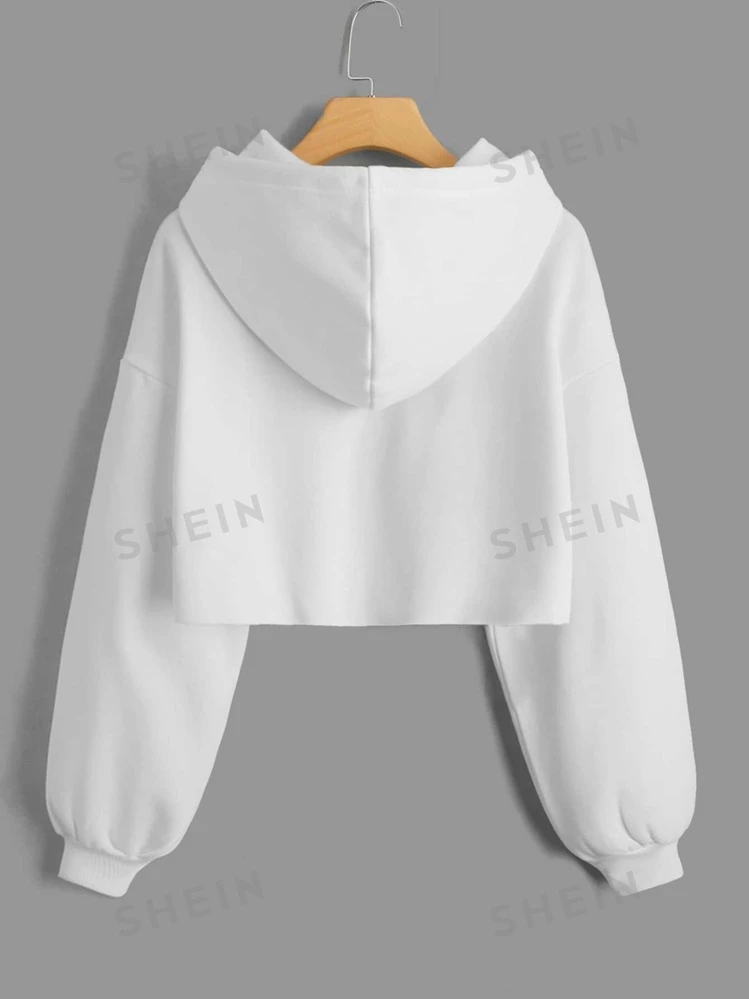 Shein Letter Graphic Drop Shoulder Crop Drawstring Hoodie M