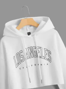 SHEIN EZwear Letter Graphic Drop Shoulder Crop Drawstring Hoodie In Fall/Winter - White - View 3