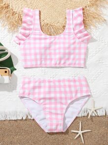 Conjunto de bikini con volantes a cuadros para niña preadolescente, playa de verano - Rosa - Ver 1