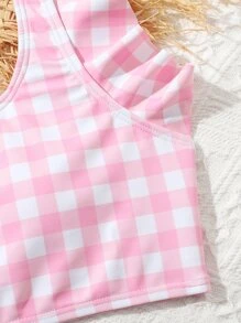 Conjunto de bikini con volantes a cuadros para niña preadolescente, playa de verano - Rosa - Ver 3
