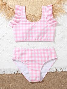 Conjunto de bikini con volantes a cuadros para niña preadolescente, playa de verano - Rosa - Ver 5