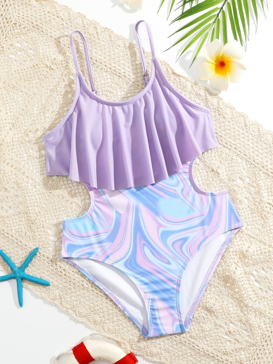 Girls Fluid Pattern Cut Out Ruffle Trim One Piece Swimsuit