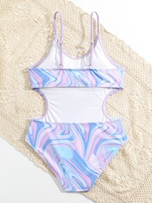 Girls Fluid Pattern Cut Out Ruffle Trim One Piece Swimsuit