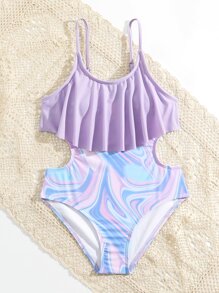 Girls Fluid Pattern Cut Out Ruffle Trim One Piece Swimsuit