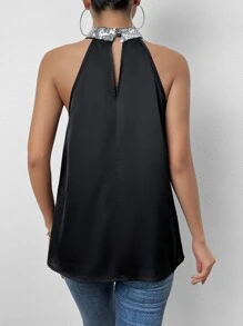 Allurite Contrast Sequin Draped Front Halter Neck Blouse - Black - View 2