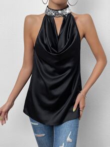 Allurite Contrast Sequin Draped Front Halter Neck Blouse - Black - View 3