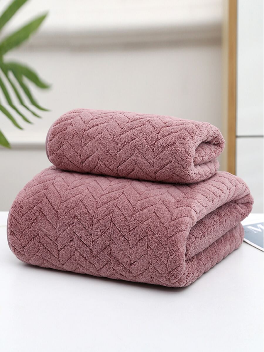 2pcs/Set Solid Color Towel Set, Minimalist Fabric Bath Towel Set For Bathroom Shower Towels For Beauty Salon, Hotel Sports,Home Essentials, Towel, Skin Care - Purple - View 1