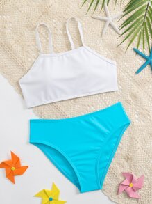 Tween Girl Color Block Bikini Set Summer Beach - Multicolor - View 1