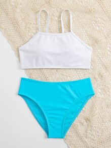Tween Girl Color Block Bikini Set Summer Beach - Multicolor - View 5