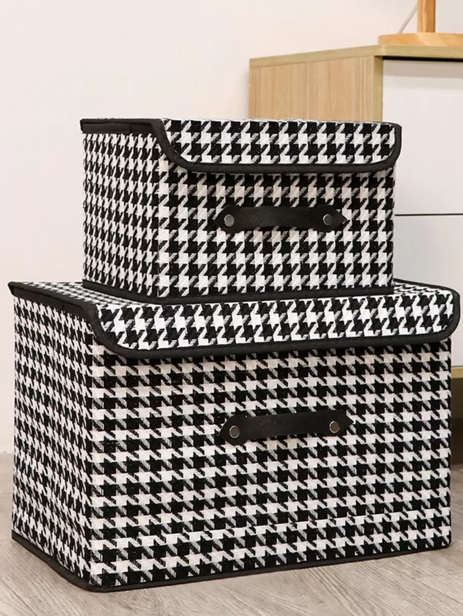 1pc Houndstooth Print Foldable Clothes Storage Box Room Decor Home Decor Fall Decor Bedroom Decor - Black and White - View 1