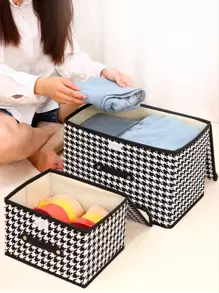 1pc Houndstooth Print Foldable Clothes Storage Box Room Decor Home Decor Fall Decor Bedroom Decor - Black and White - View 2