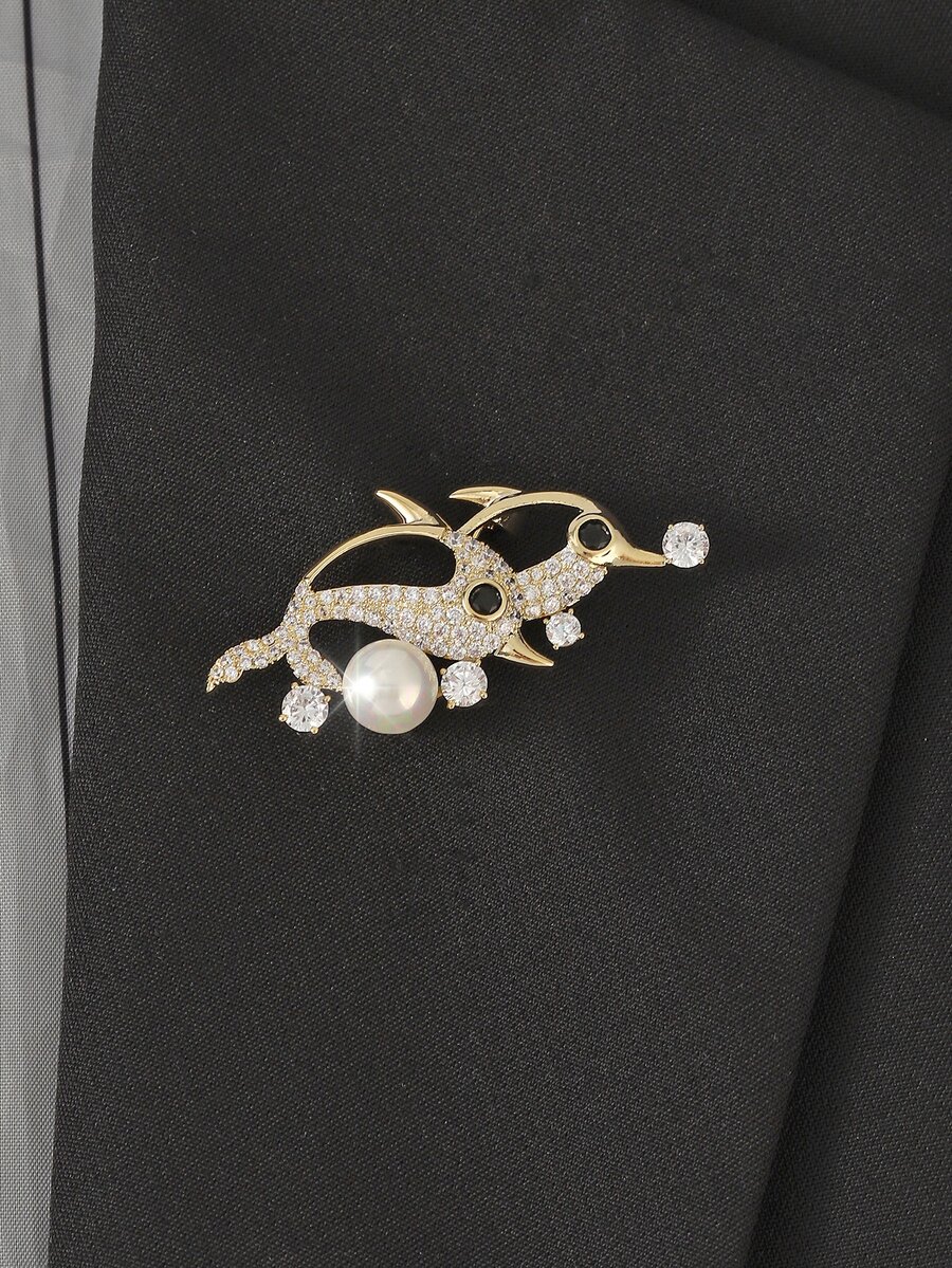 Cubic Zirconia & Faux Pearl Dolphin Design Brooch - Multicolor - View 1