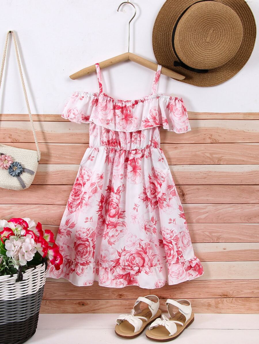 Niñas Vestido con estampado floral de hombros descubiertos ribete con fruncido - Rosa - Ver 1