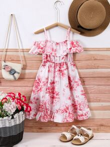 Niñas Vestido con estampado floral de hombros descubiertos ribete con fruncido - Rosa - Ver 2