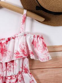 Niñas Vestido con estampado floral de hombros descubiertos ribete con fruncido - Rosa - Ver 4