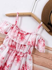 Niñas Vestido con estampado floral de hombros descubiertos ribete con fruncido - Rosa - Ver 5