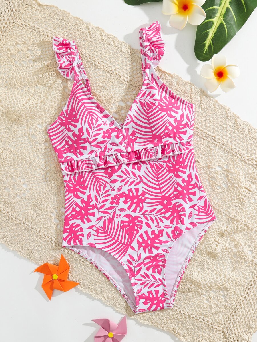 SHEIN Chicas Bañador una pieza con estampado de planta ribete con fruncido - Rosa Fucsia - Ver 1